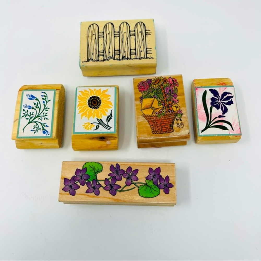 Rubber Stamps‎ Garden Theme Flowers and Fence set of 6 Stamps 1.5”-4” wood tops